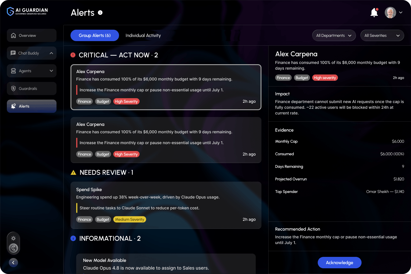 AI Guardian alerts and incident view screenshot